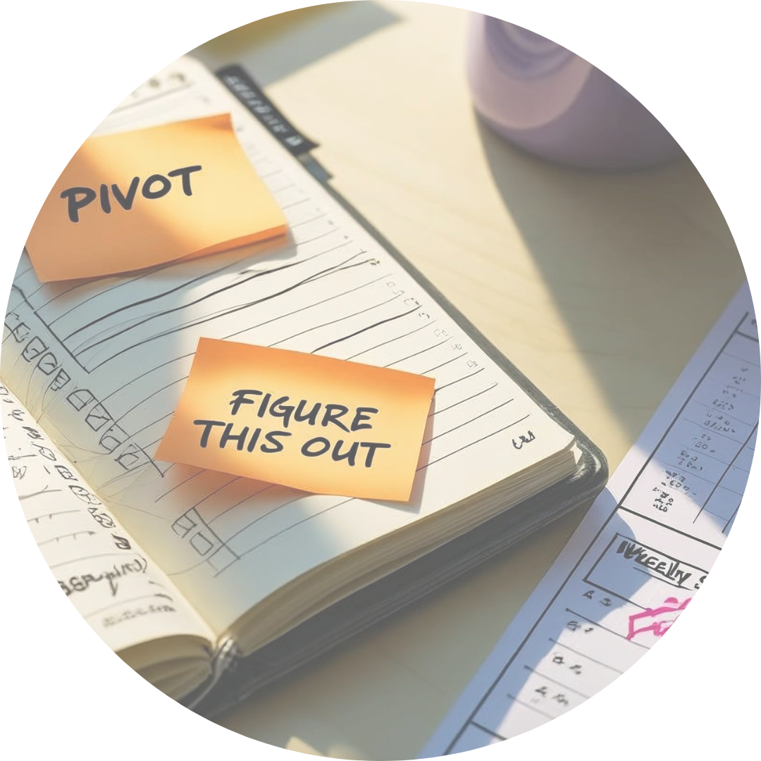 Notebook with messy handwritten notes and sticky notes that say Pivot and Figure This Out. Captures progress happening in real time.