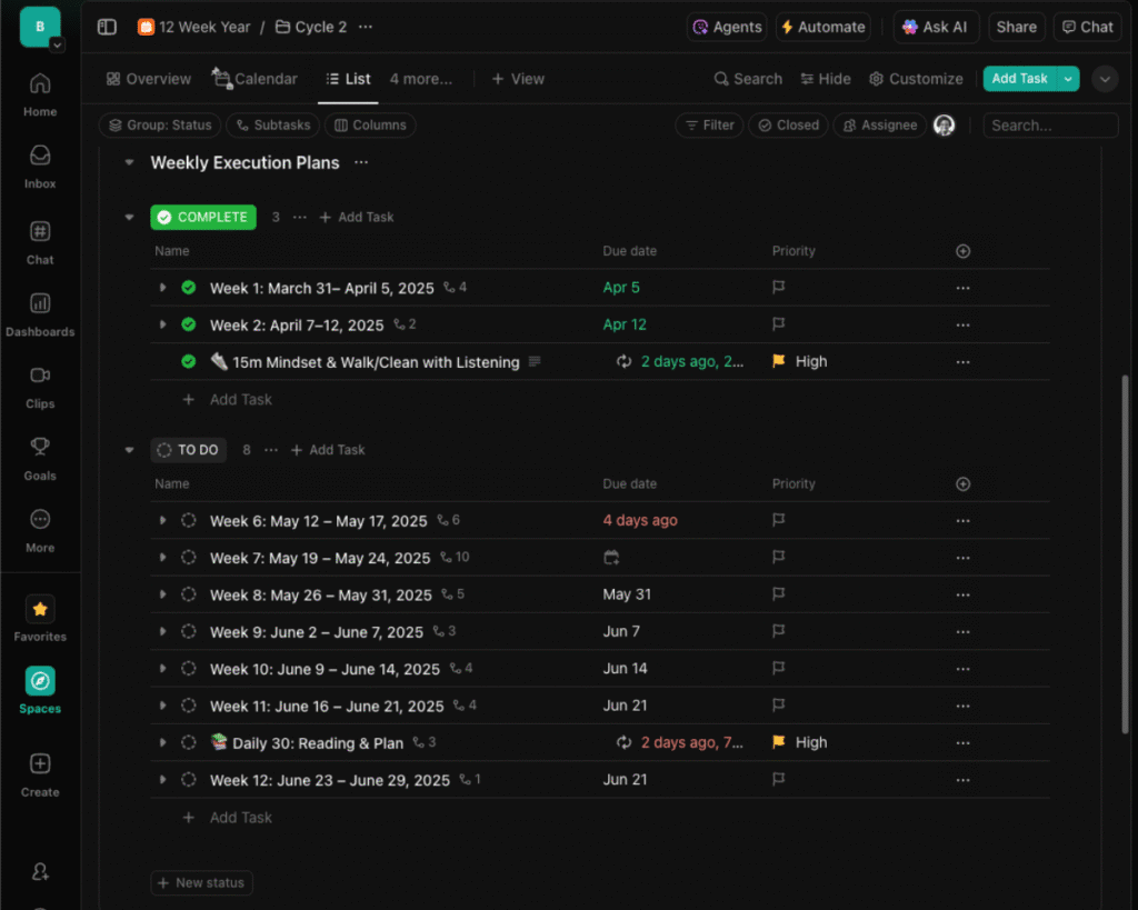 Screenshot of a weekly execution plan inside ClickUp showing a simple project management system for business owners working after hours.