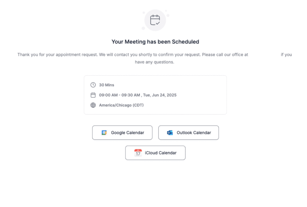 GoHighLevel meeting confirmation screen with calendar sync options and appointment summary.