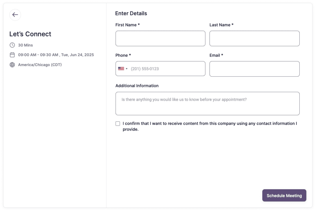 Automated client booking form built in GoHighLevel with name, email, phone, and scheduling fields.