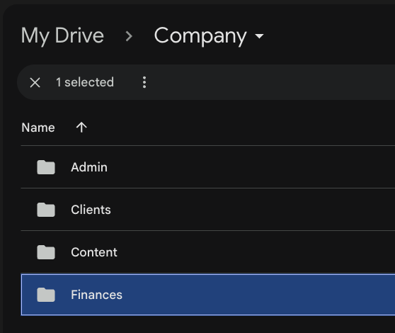 Google Drive folder structure with admin, clients, content, and finances organized for a simple business system.