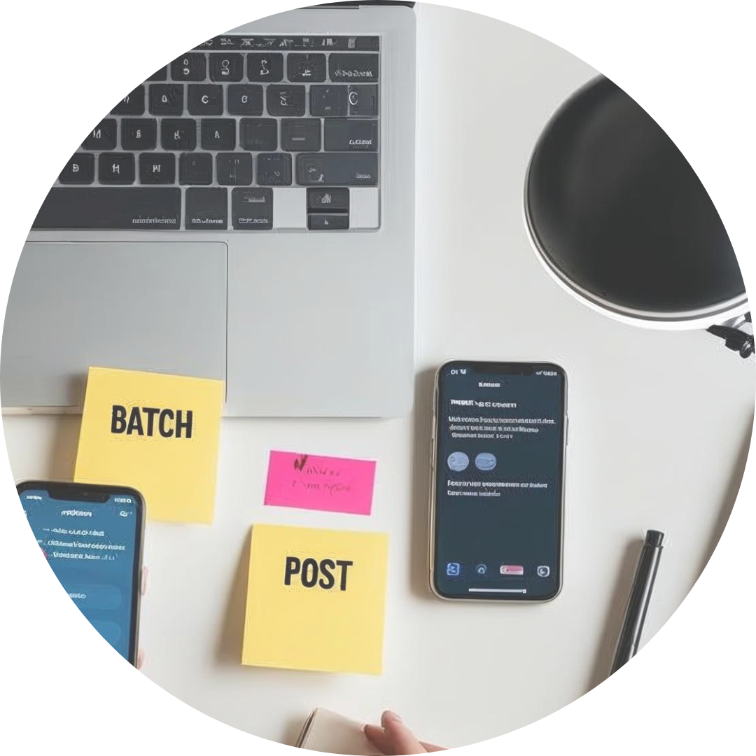 Content calendar with sticky notes and a phone on a working desk. Shows a simple and sustainable content creation process.