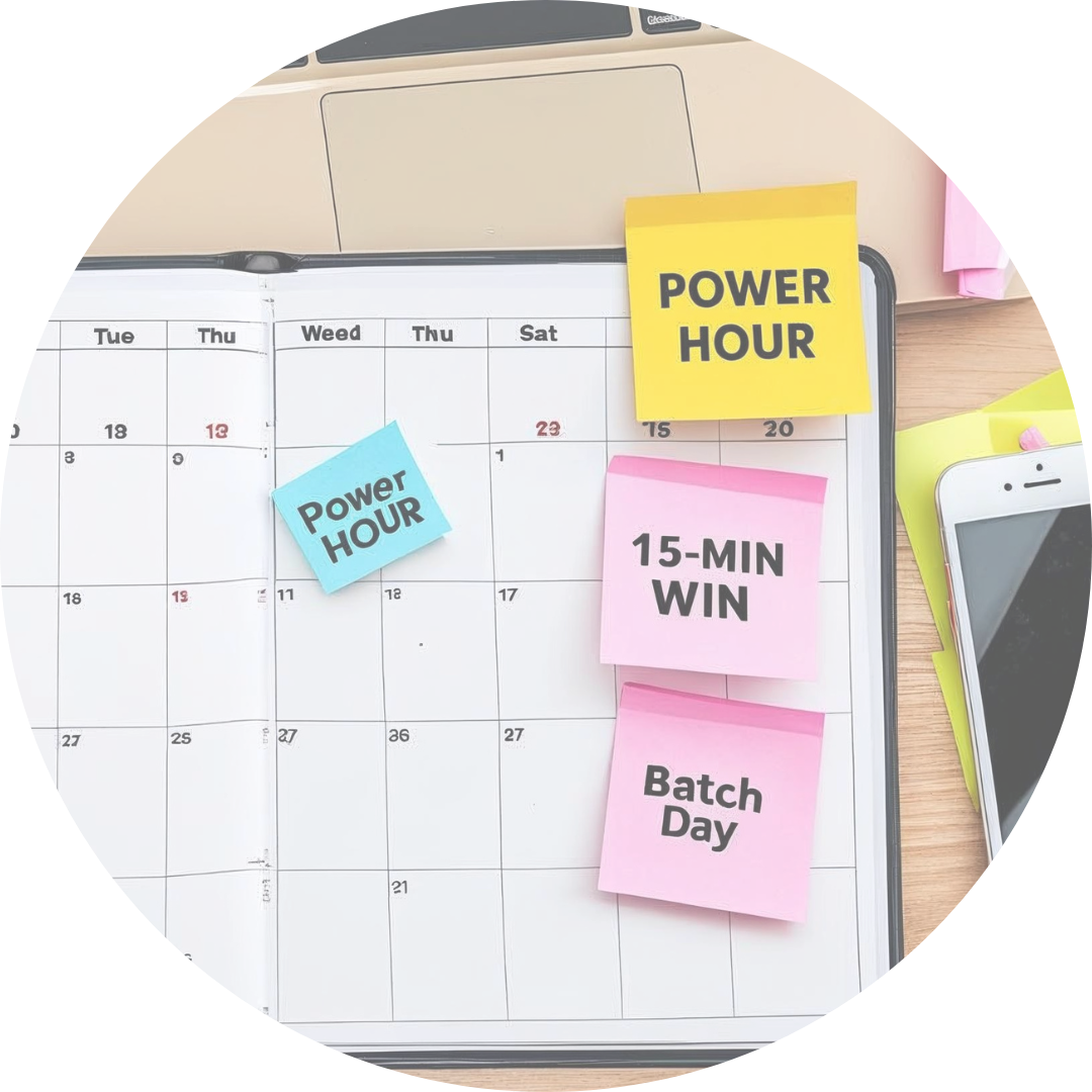 Open paper planner with sticky notes and a pen on a cozy workspace. Captures quiet business planning in small moments.