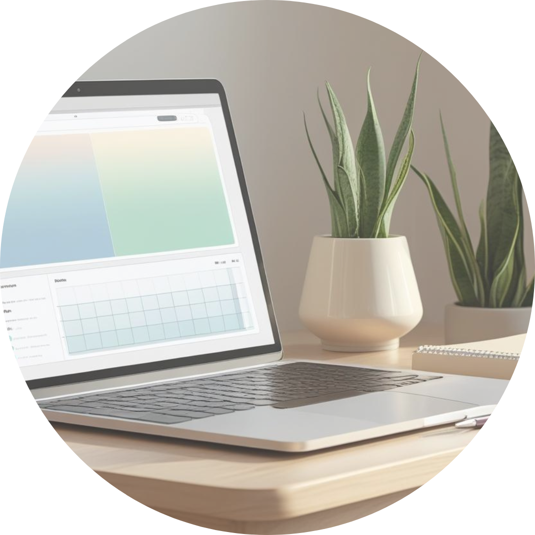 Minimal desk with a laptop, notebook, and plant in soft light. Represents the essential tools running quietly behind the business.