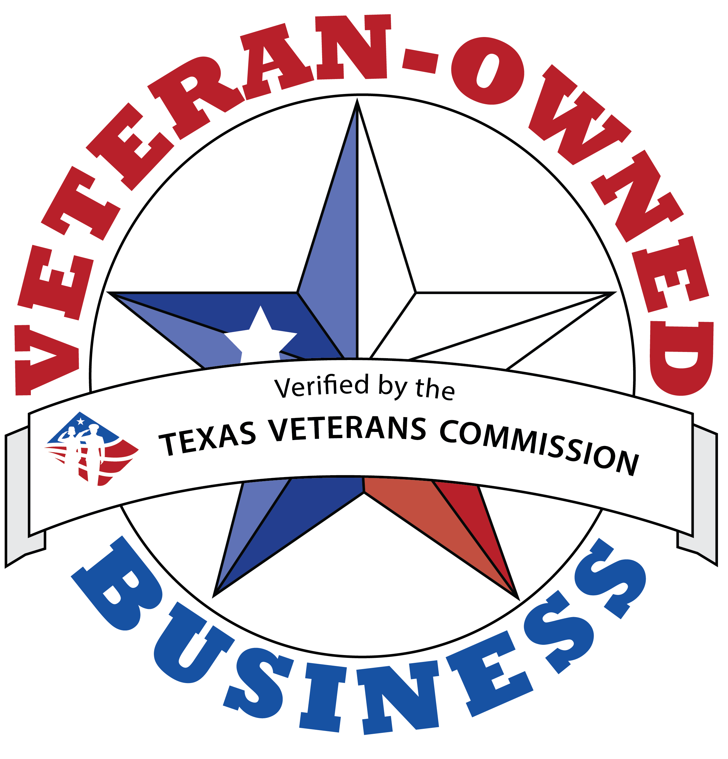 Verified Texas Veteran-Owned Business badge with red, white, and blue Texas star