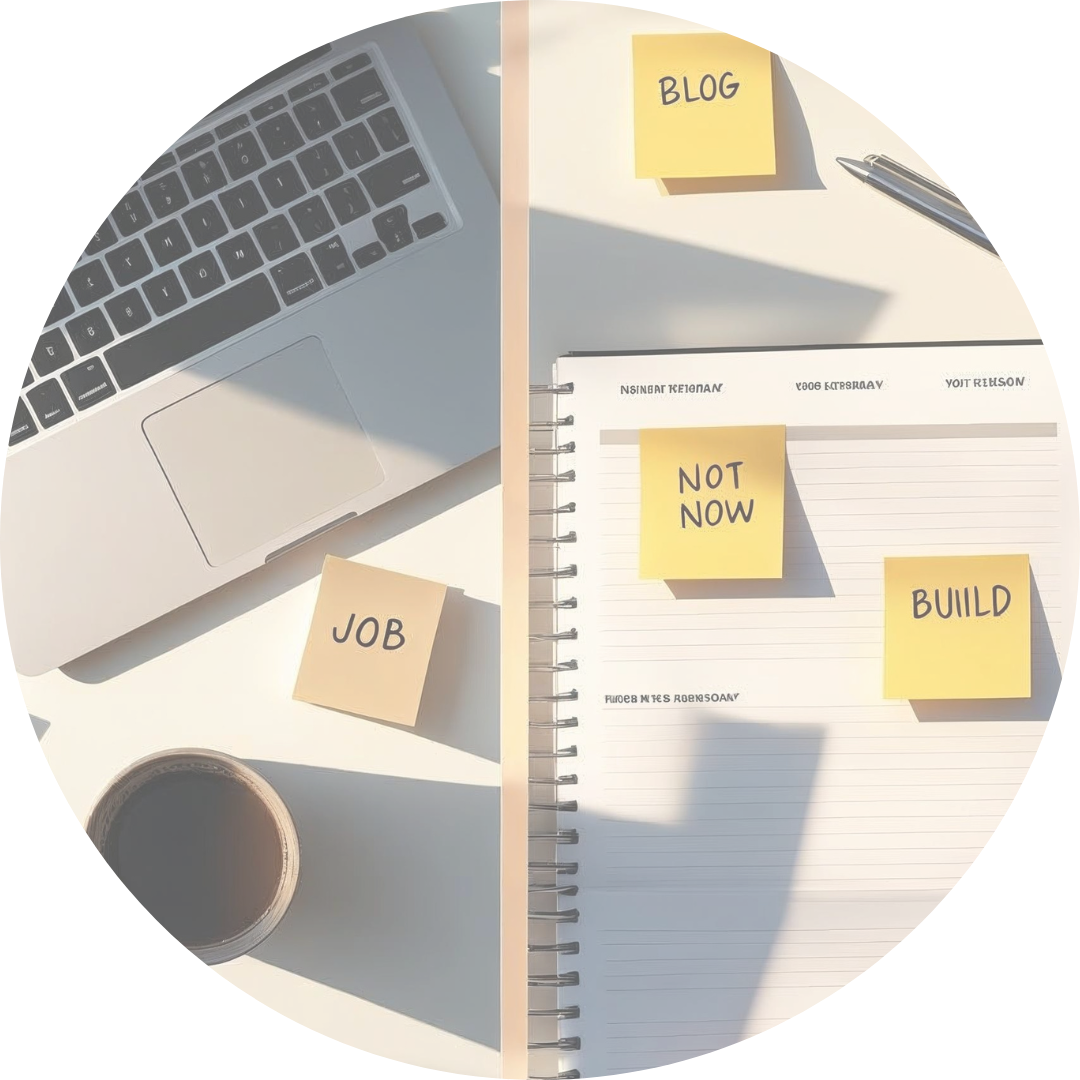 Desk scene with clear separation between job and business tasks. Sticky notes read Job, Blog, and Build to reflect life between roles.